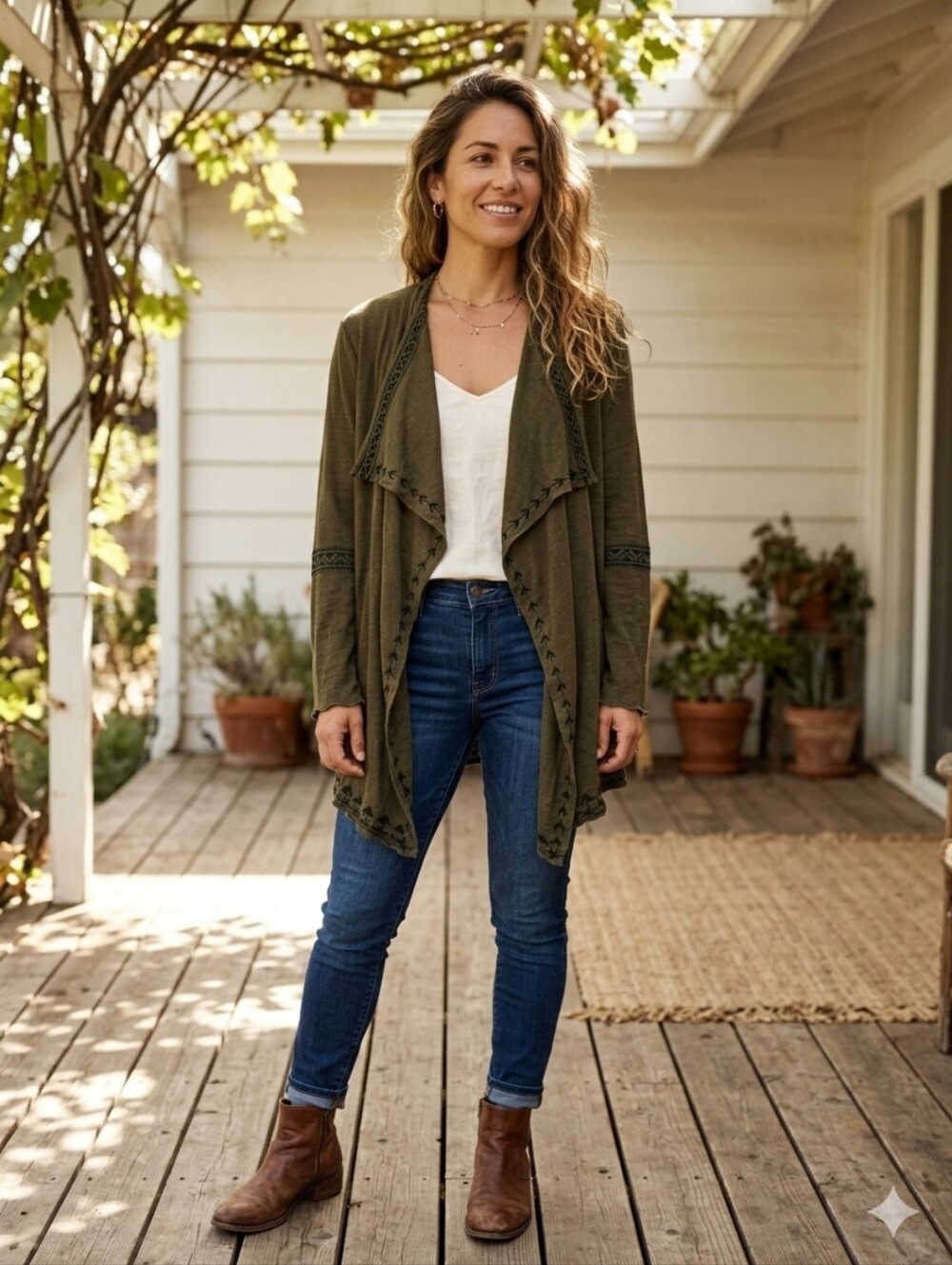 HP Olive Brown Open-Front Women's Cardigan with Black Trim